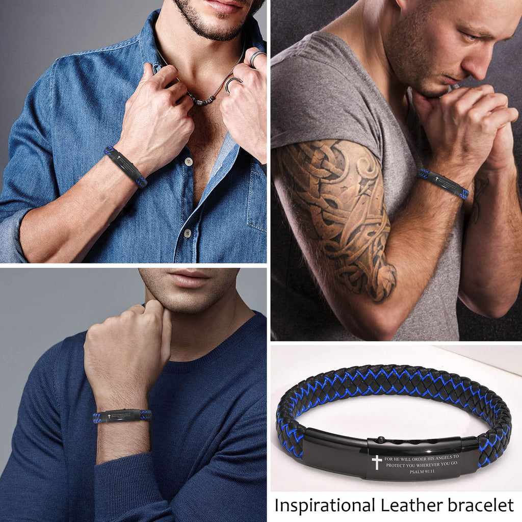 VNOX Christian Gifts For Men - Personalized Religious Gift For Men Inspirational Christian Faith Bible Verse Quote Mens Leather Cross Bracelet, Joshua 1.9