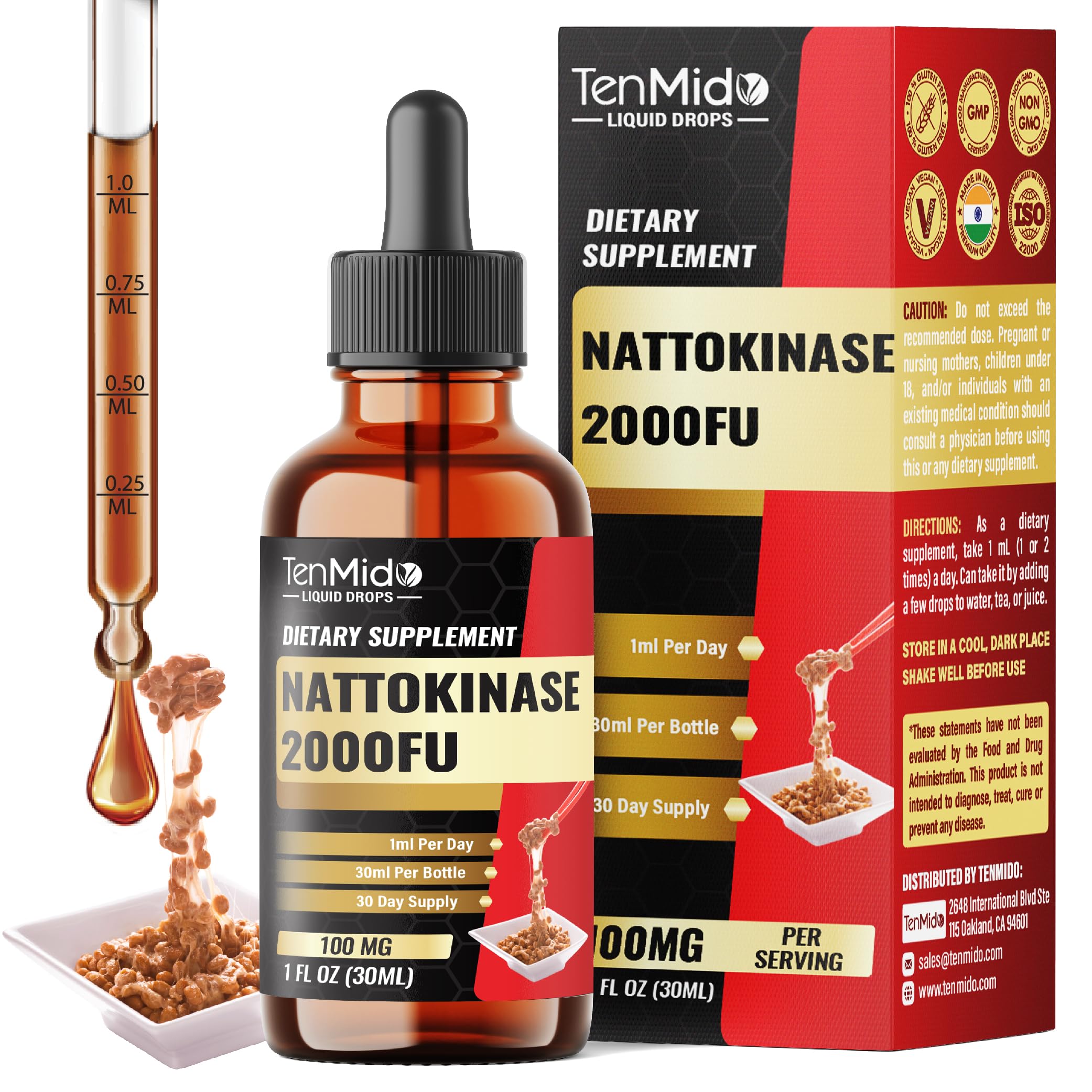 Tenmido Nattokinase Supplement Liquid Drops | Nattokinase 2000 FU | High Absorption | Alcohol-Free | Vegan, Non-GMO | 30ml 1Fl Oz