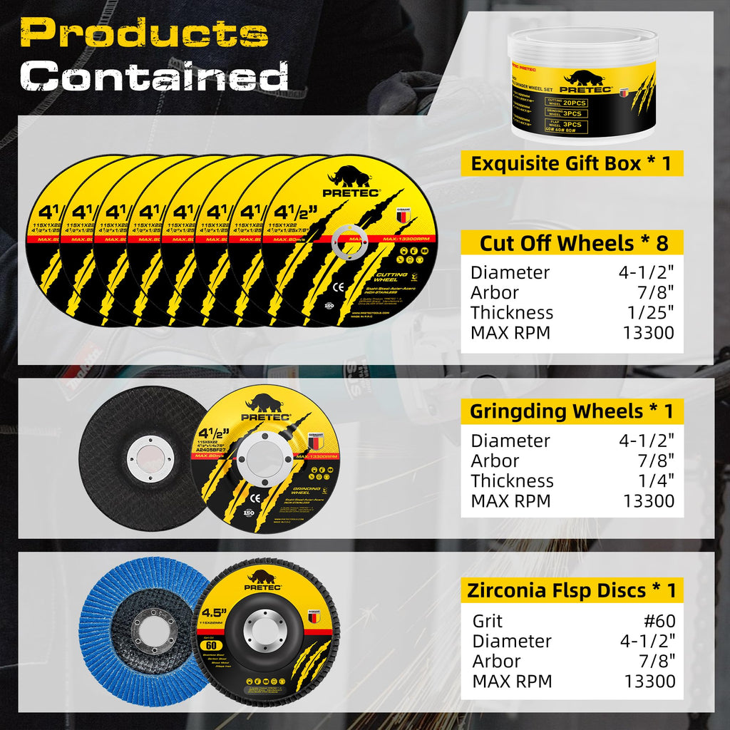 PRETEC Grinding & Cutting Wheels 4 1/2 inch Set,Angle Grinder Wheel Set,Cut Off Wheels 8 PCS,Grinding Wheel,4.5” Flap Discs for Angle Grinder for Cutting Grinding 8+1+1 PC