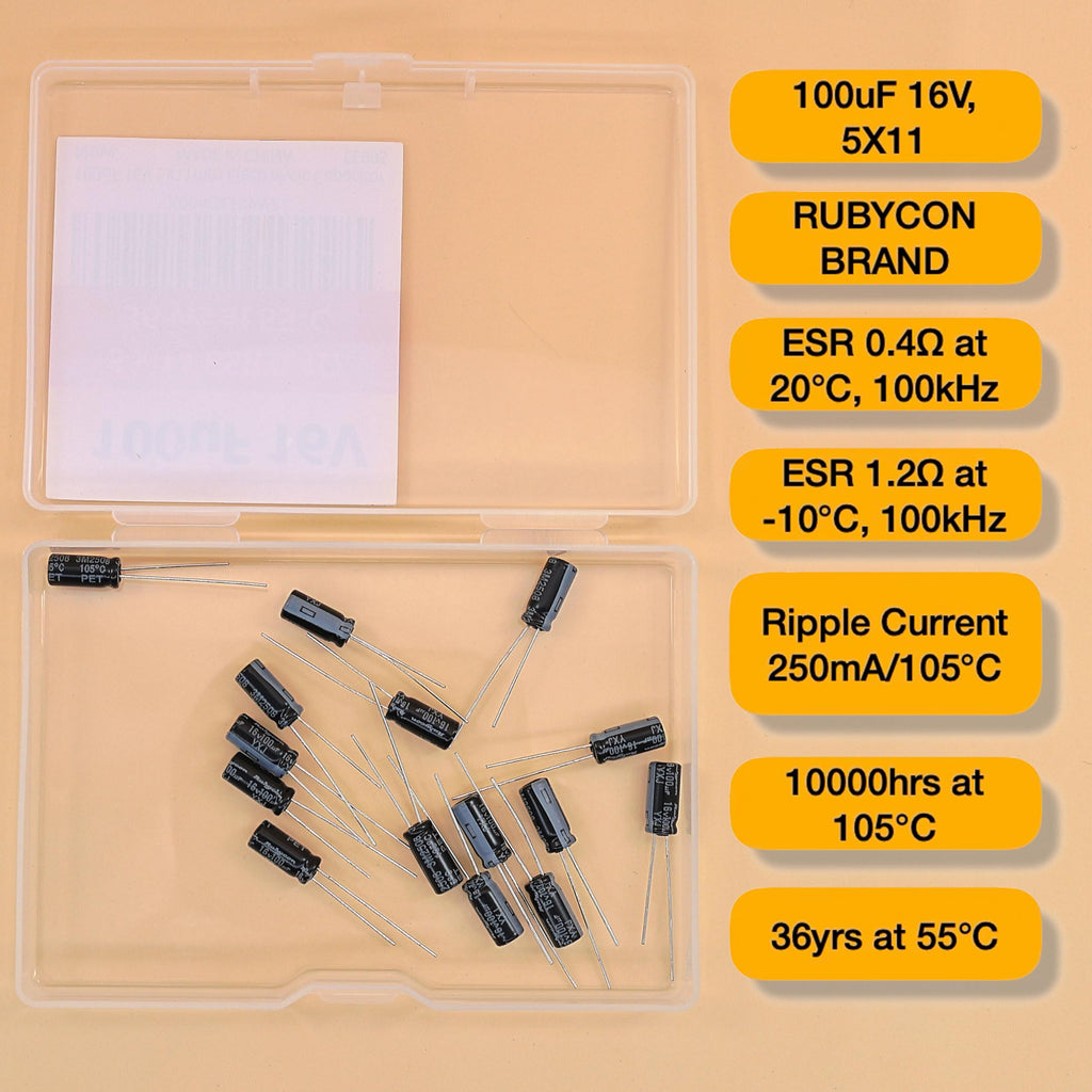 100uF 16V 5x11mm Rubycon Electrolytic Capacitor Low ESR 0.4Ω Long Life 36yrs at 55 Degree C mfd mircofarad Micro Farad Radial Lead Aluminum Capacitors (Pack of 15)