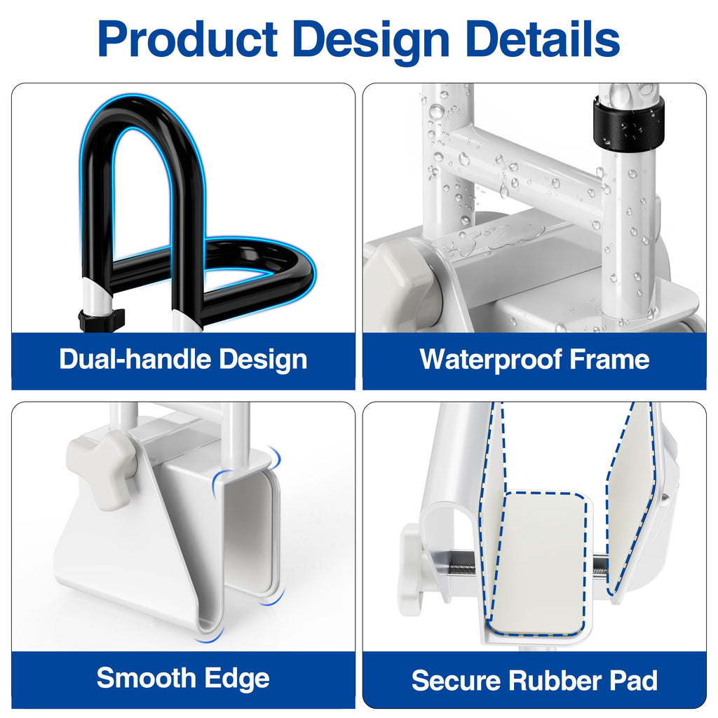 Adjustable Bathtub Safety Rail with Double Grip, 14–18 Inch Height Shower Grab Bar for Seniors, Elderly & Disabled, Non-Slip Tub Side Bar Clamp for Bathroom Support
