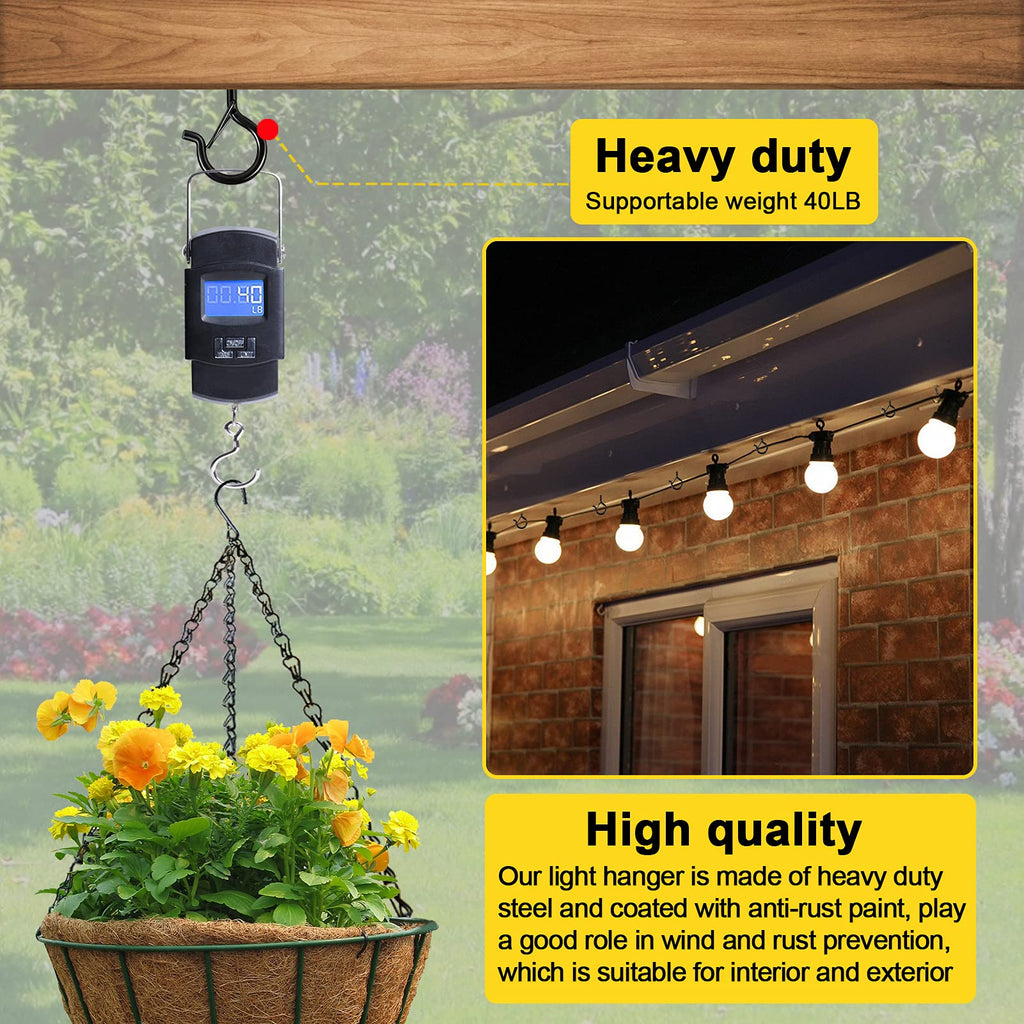 cyrico Hooks for Outdoor String Lights, 20 Pack Cup Screw Hooks for Hanging Plants Fairy Led Party Christmas Lights Garage Wind Chimes Black Q Hanger with Safety Buckle Design Easy to Release