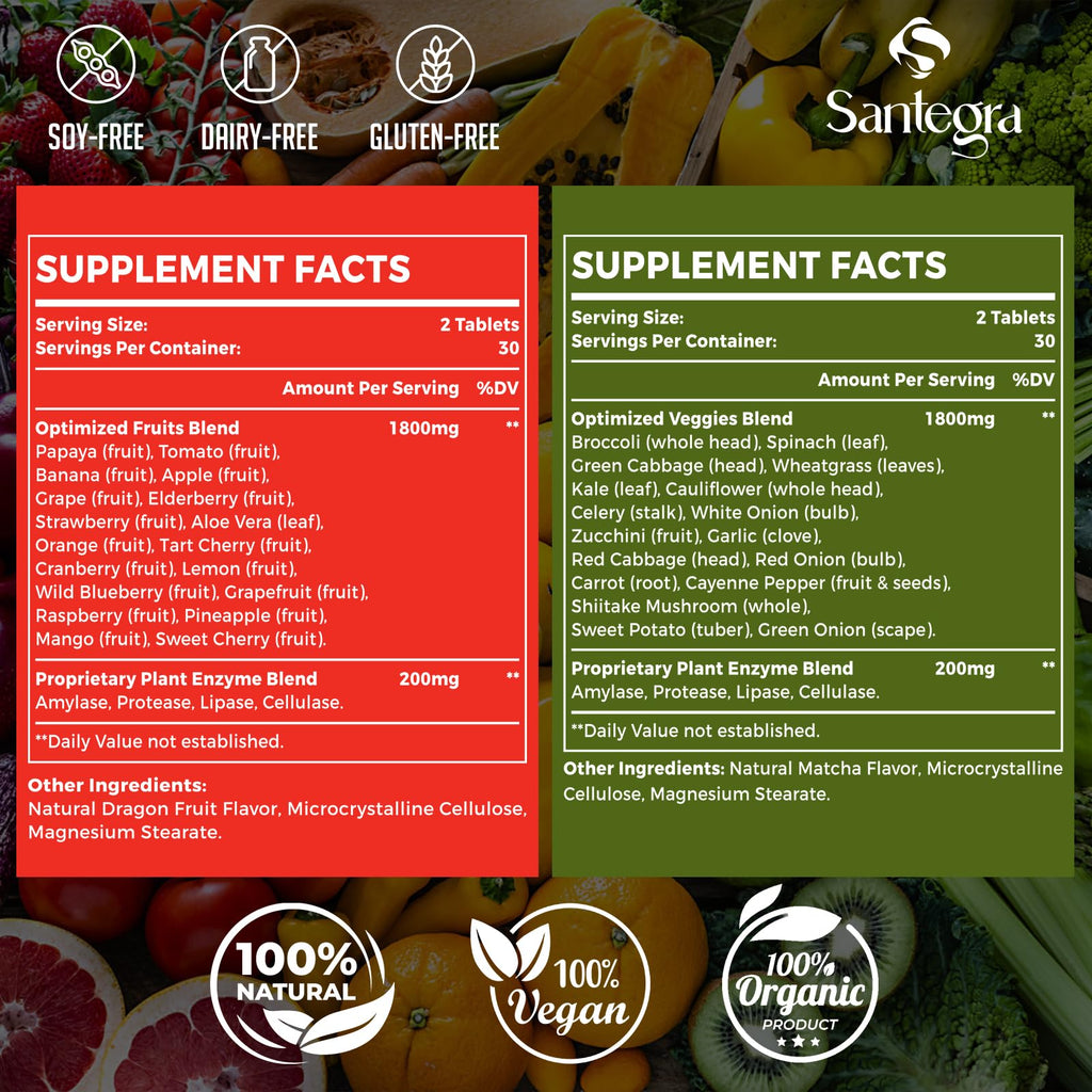 Santegra 2000 MG Fruit and Veggies Supplement, 35+ Fruits and Vegetables for Daily Variety, 100% Whole Food Superfoods, Natural Vitamins for Women & Men, Sugar-Free, Gluten-Free, Vegan, 120 Tablets