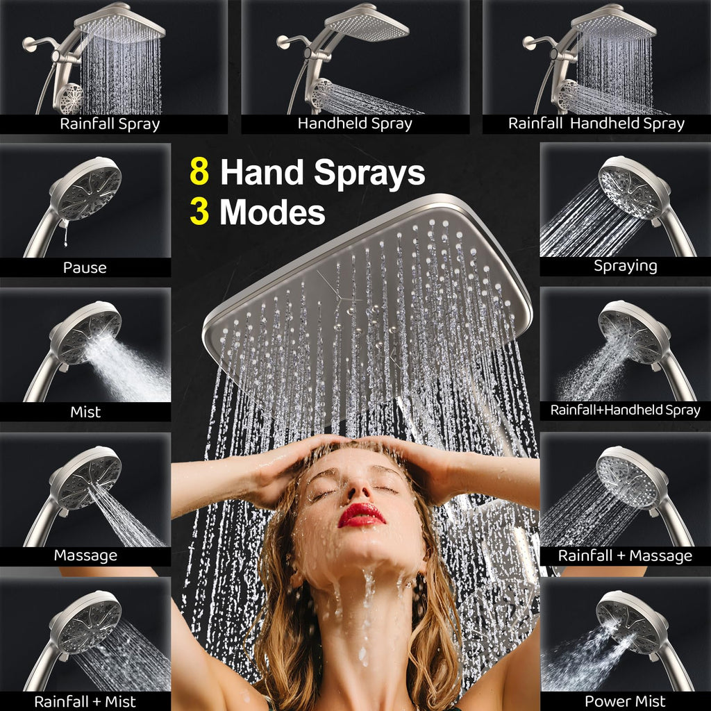 Rain Shower Head with Handheld High Pressure rainfall Shower Heads with Handheld Spray Combo Adjustable one-piece stand daul shower head Built-in Magnetic Docking and Power Jets-Nickel