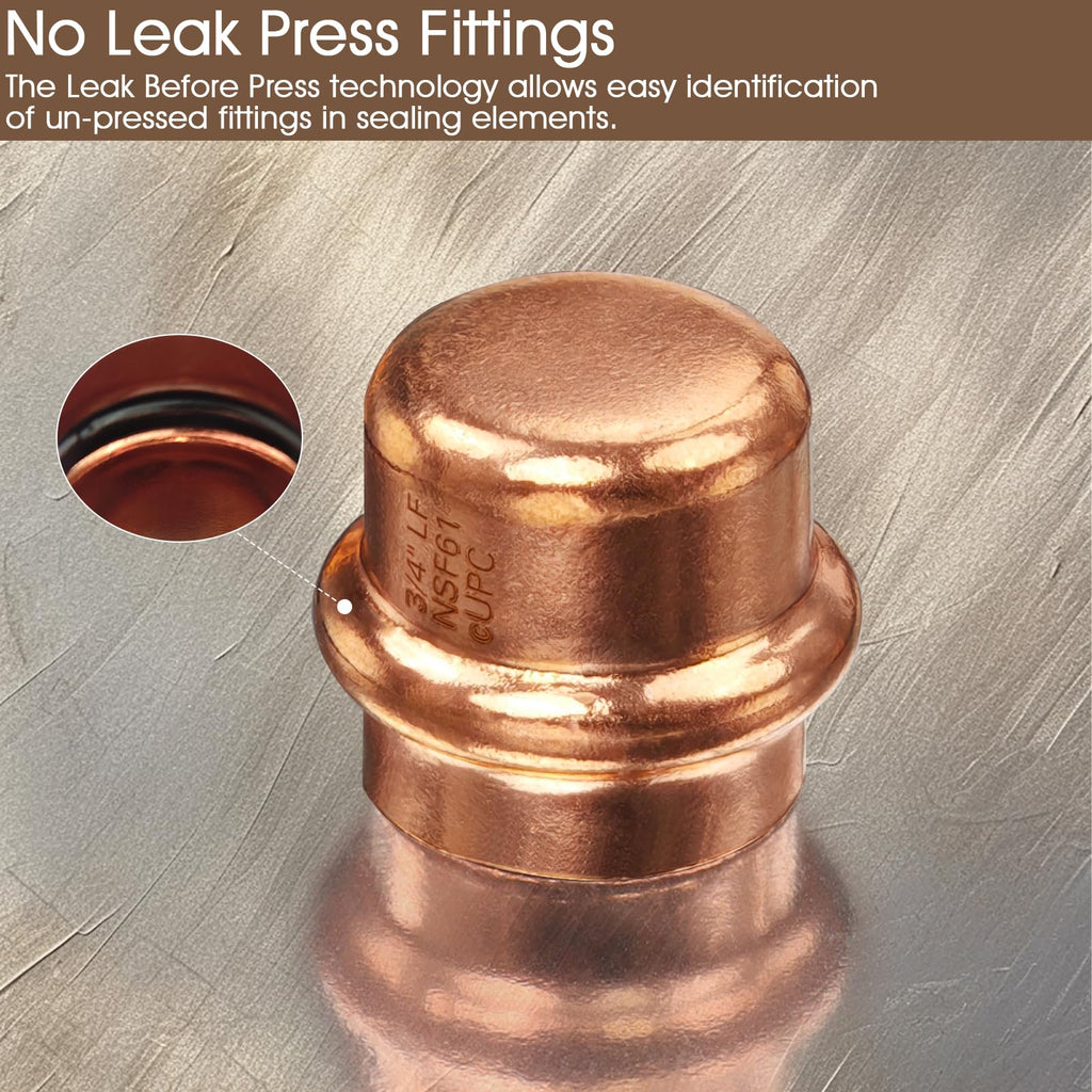 Copper Press Fittings 3/4" Copper Press Cap, Zero Lead 3/4" Cooper Press End Cap Press Fittings Copper Pipe End Cap for Plumbing, OD 7/8”, Use with Hydraulic Press Fitting Tool, 12PCS