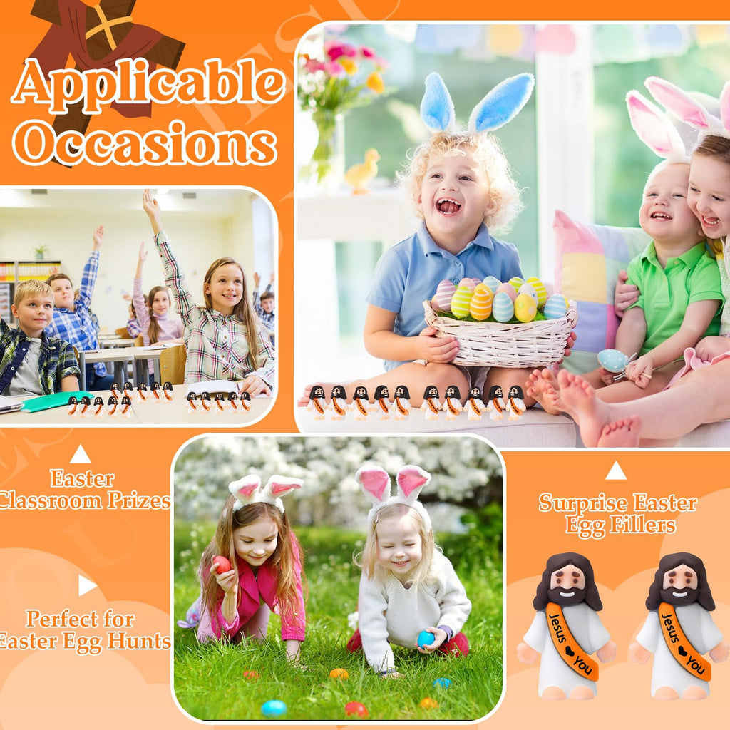 Bememo 100 Pcs Little Jesus Figures Jesus Loves You Original Design Pocket Rubber Little Figures to Hide and Seek Sunday Religious Party Share Easter Gifts(Orange)