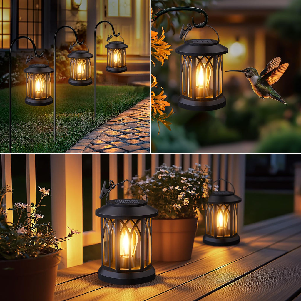 Solar Lanterns Outdoor Waterproof 4-Pack: Hanging Solar Lights for Outside Patio Decor for Garden Bright Black Modern Lanterns Decorative with Clips Gifts for Family Household Newlyweds - Warm Light