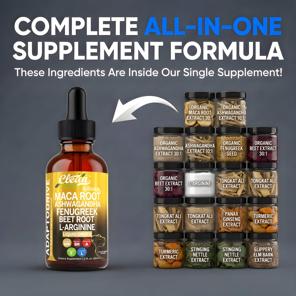 Clean Nutra Organic Maca Root Liquid Drops with Ashwagandha, Fenugreek, Beet Root and L-Arginine Liquid Multivitamin for Women and Men - Adapto Drive