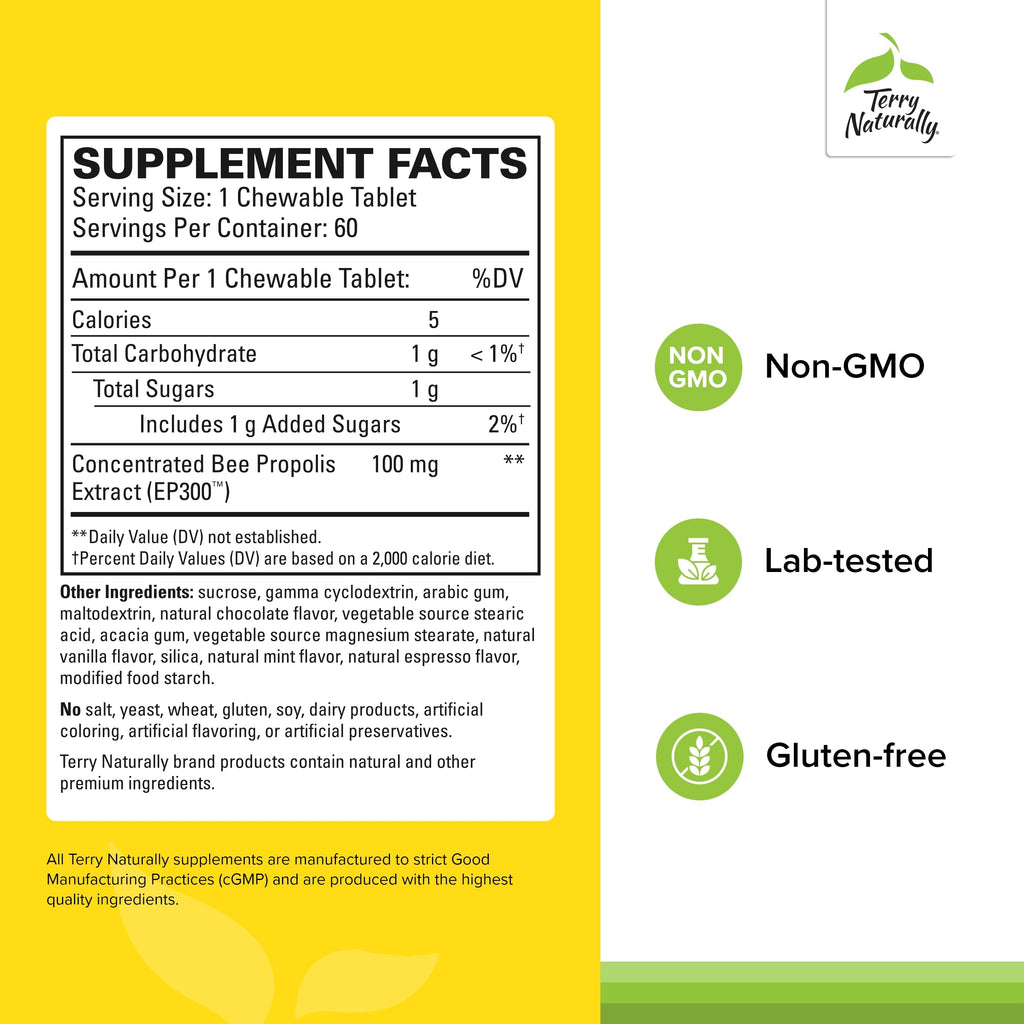 Terry Naturally Propolis Extract EP300 - Upper Respiratory & Immune System Support Supplement - Non-GMO with Bee Propolis Extract - Child & Adult Supplement - 60 Chewable Tablets