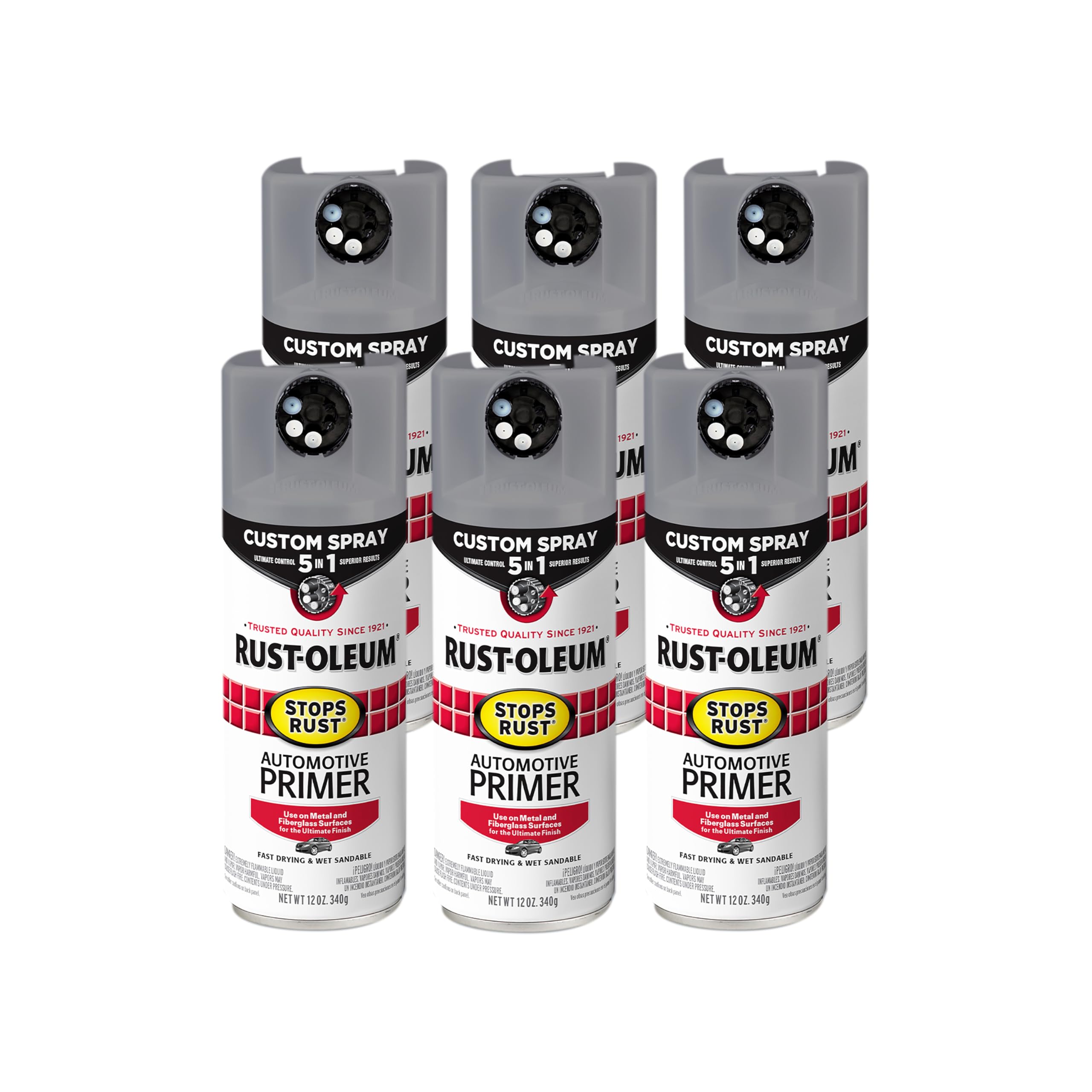 Rust-Oleum 384760-6PK Stops Rust Custom Spray 5-in-1 Automotive Primer Spray, 12 oz, Flat Light Gray, 6 Pack