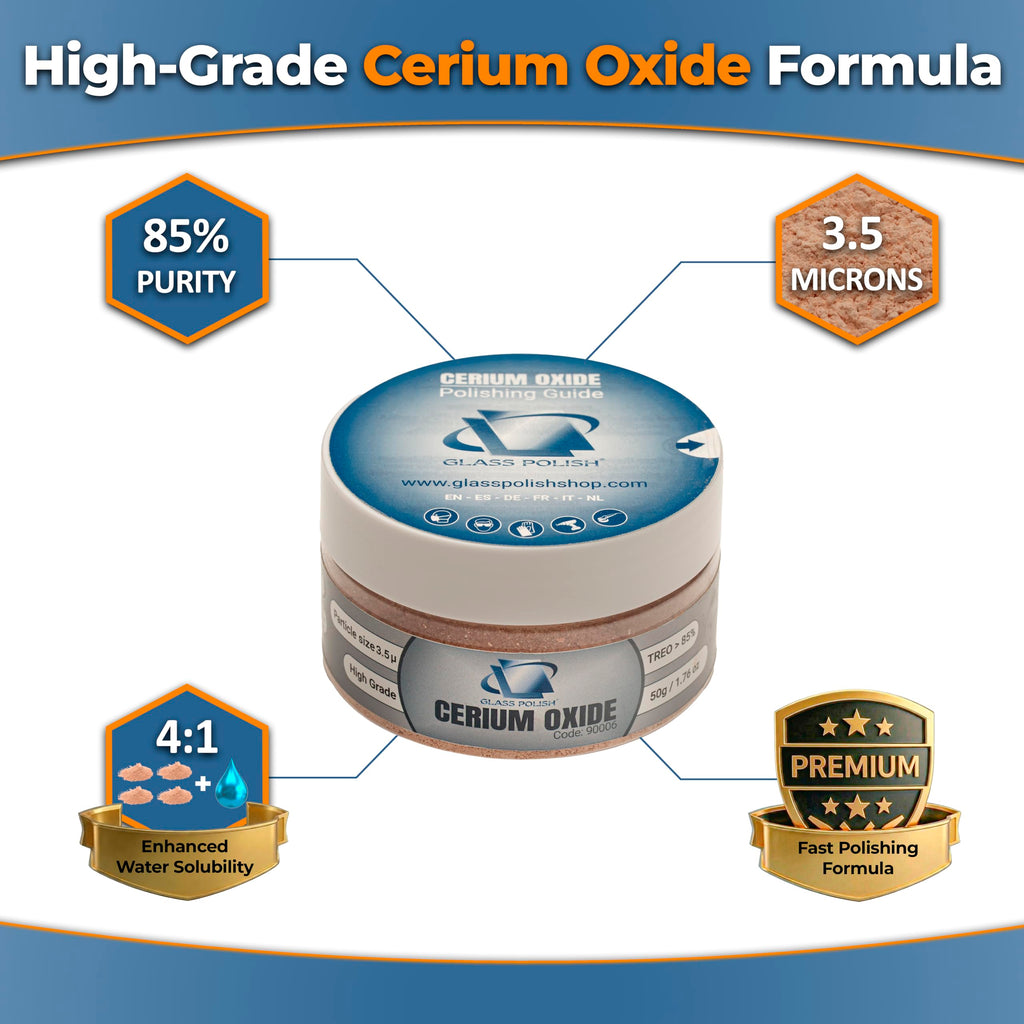 GLASS POLISH PRO Cerium Oxide Glass Polishing Powder – 1.76oz (50g) High-Grade 85% Pure Suspension-Treated Formula, 3.5 Micron for Glass Scratch Removal, Windshield Polishing and Restoration