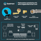 Eastman 6 Ft. Dishwasher Installation Kit, Braided Stainless Steel Supply Line with 3/8 Inch Compression Ends, 3-Prong Straight Power Cord, 41150