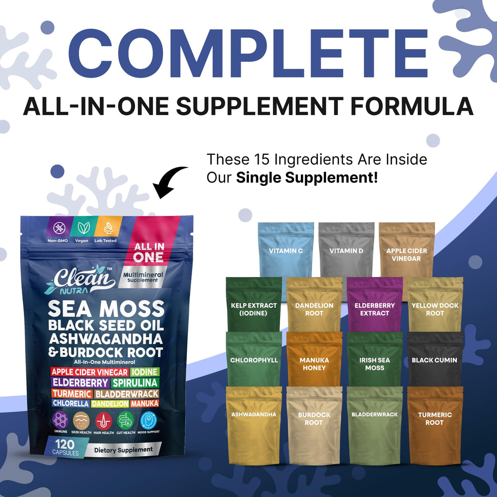 Clean Nutraceuticals Sea Moss Black Seed Oil Ashwagandha Turmeric Bladderwrack Burdock & Vitamin C Vitamin D3 with Elderberry Manuka Dandelion (120 Count (Pack of 1))