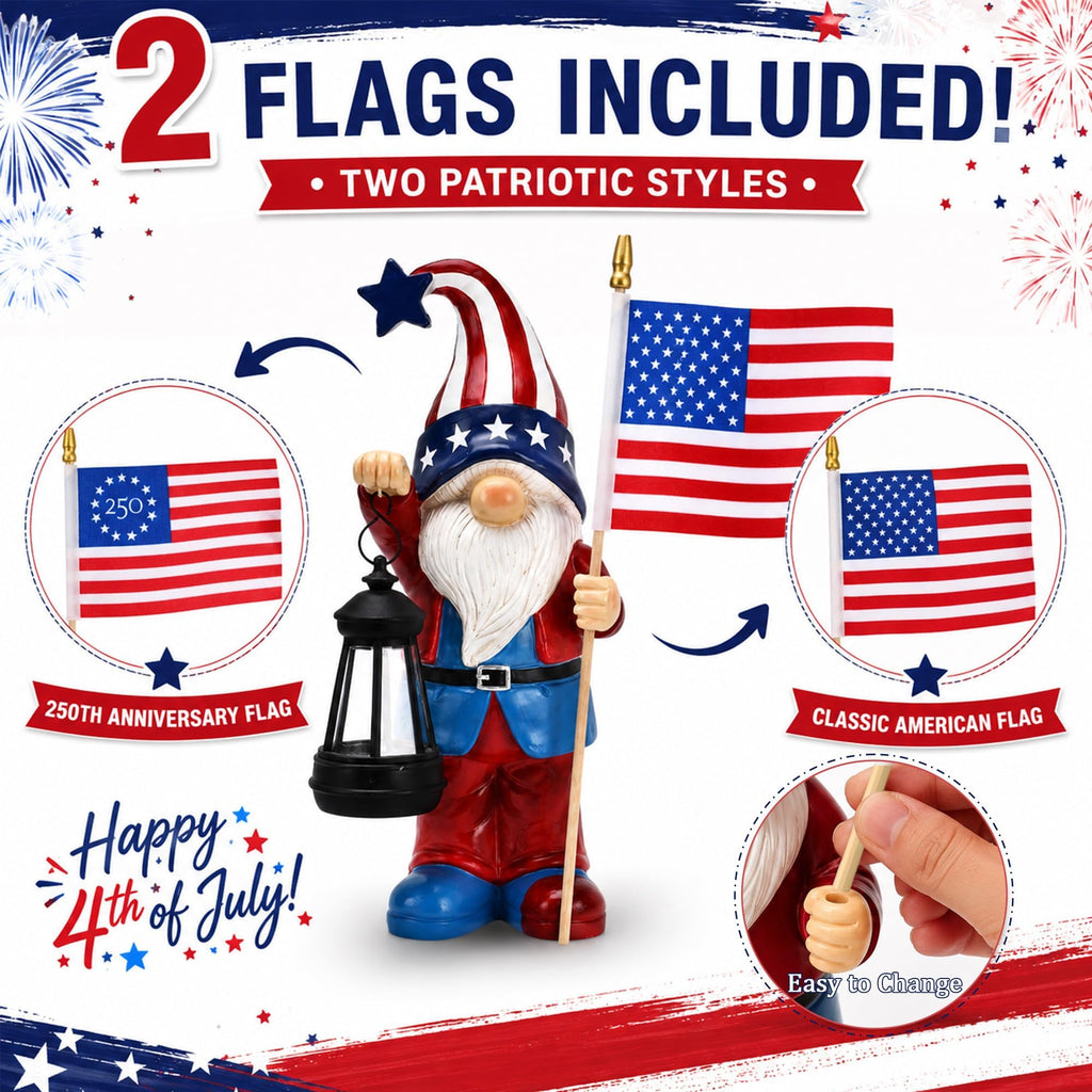 Nacome Solar Patriotic Gnomes Statues with Flag for Garden Decor