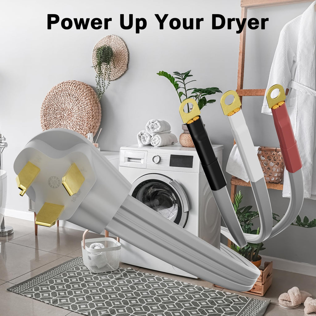 3 Prong Dryer Cord 4 FT, NEMA 10-30P to 3-Wire Appliance Cord, 30-Amp, 3 Wires with Eyelet Connectors, 10 Gauge Copper Wire, Grey Cable