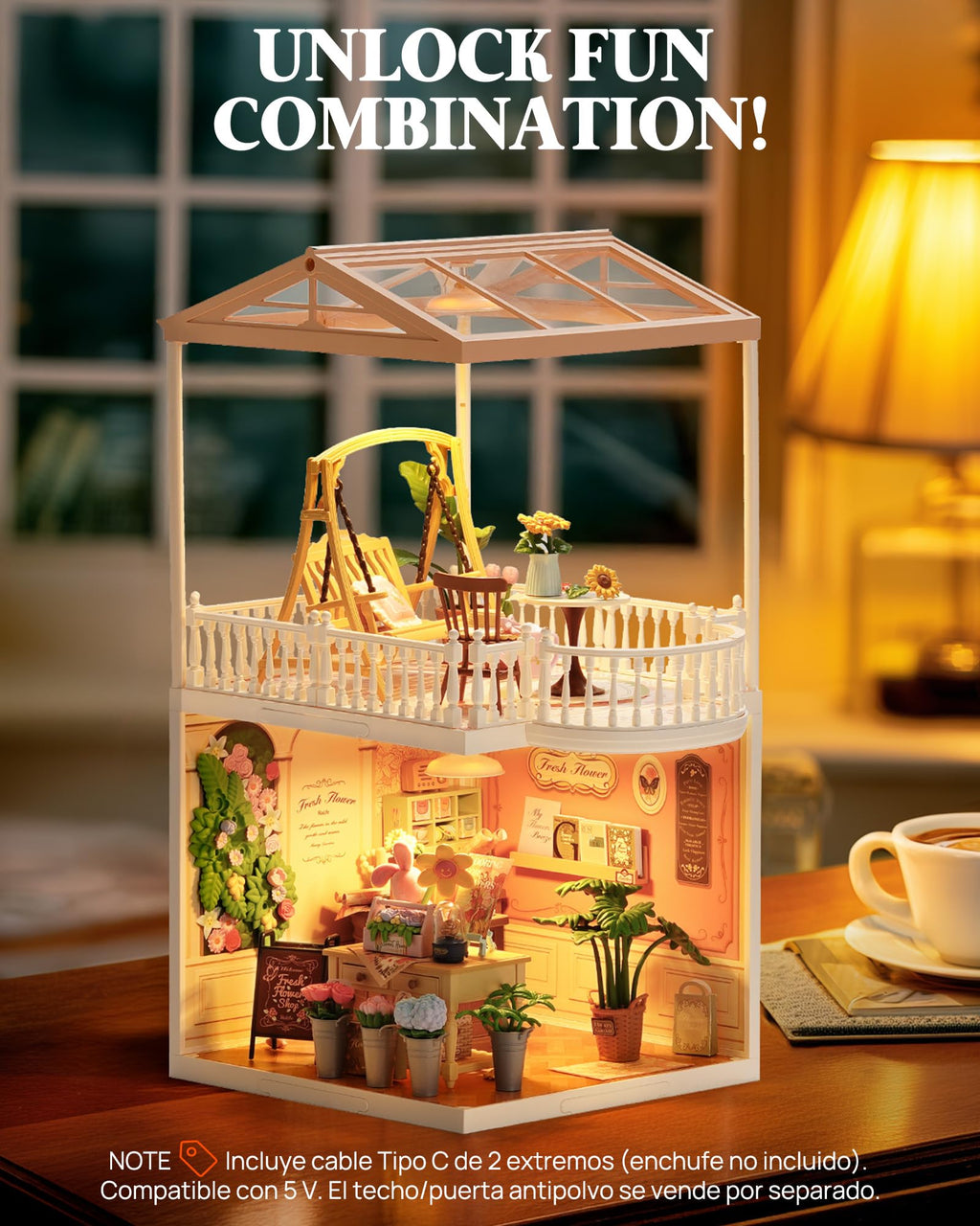 Rolife Super Creator Series Accessroies, DIY Mini Flower Garden Scenery Kit, Miniature Dollhouse Castle Building Kit's Part, Sunny Break Terrace Gift for Kids Adults Women