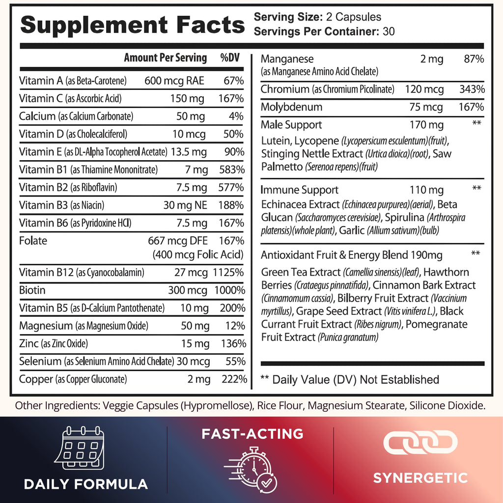 TODICAMP Multivitamin for Men - Melanin-Rich Men's Daily Multivitamins, Men's Multivitamin Capsules with B Complex Vitamins, Vitamin D, Zinc, Saw Palmetto & Antioxidants, 2 a Day, 60 Capsules