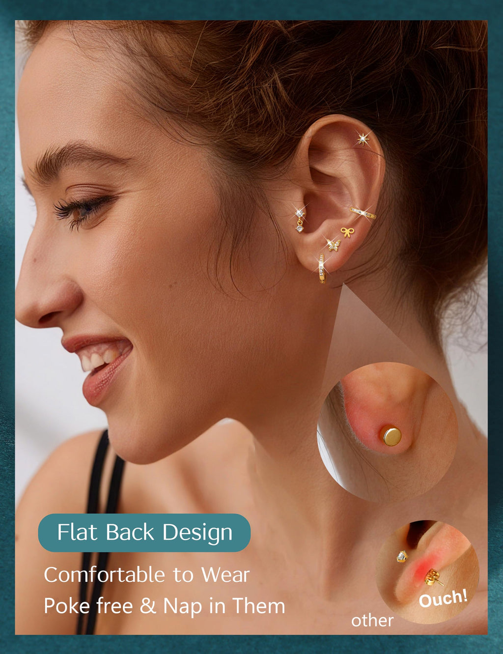 LOLIAS 14K Gold Plated Flat Back Earrings - Hypoallergenic Surgical Stainless Steel Stud Hoop Earrings for Women Girls Kids Cute Stud Earring Set Small Huggie Hoops Cartilage Earring Stacks