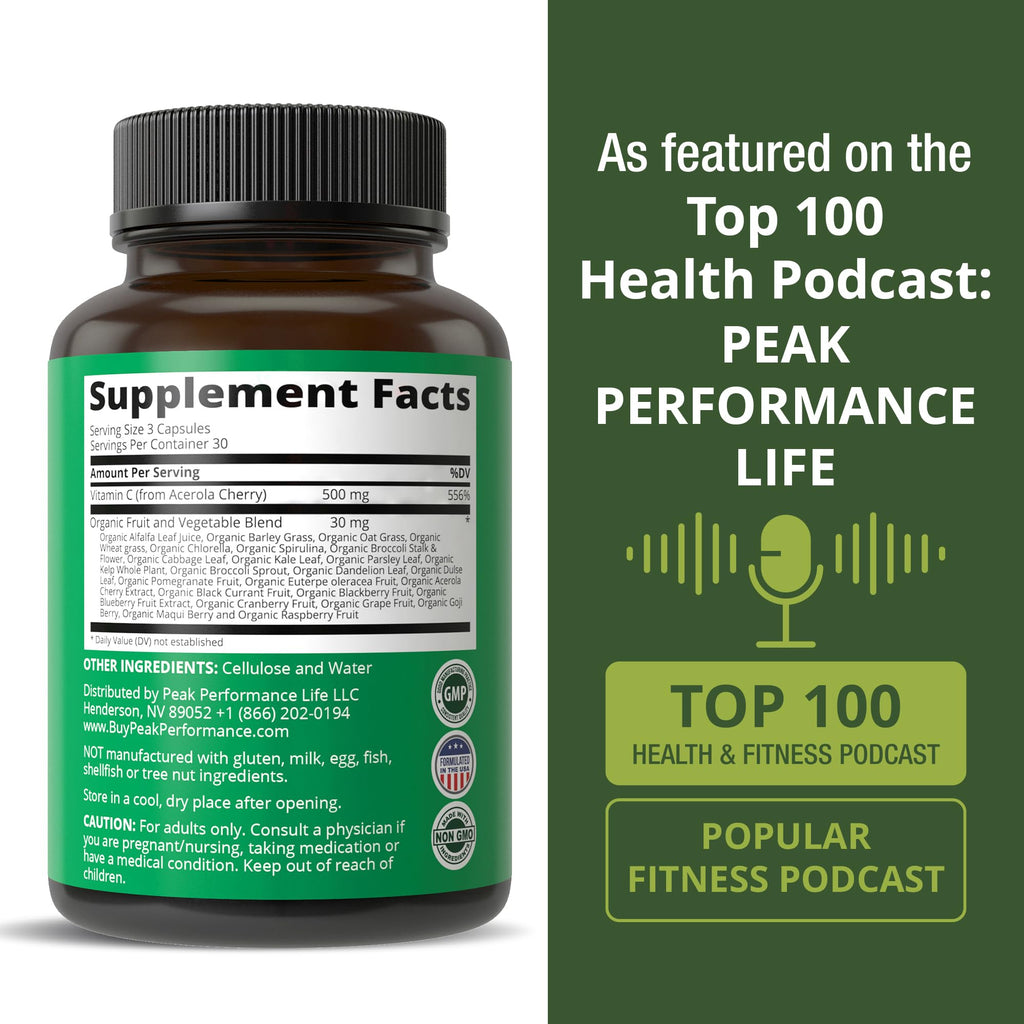Peak Performance Raw Whole Food Natural Vitamin C Capsules from Acerola Cherry for Max Absorption. Vegan USA Sourced Vitamin C Supplement 90 Pills. 500 mg Serving or 2 Servings 1000mg