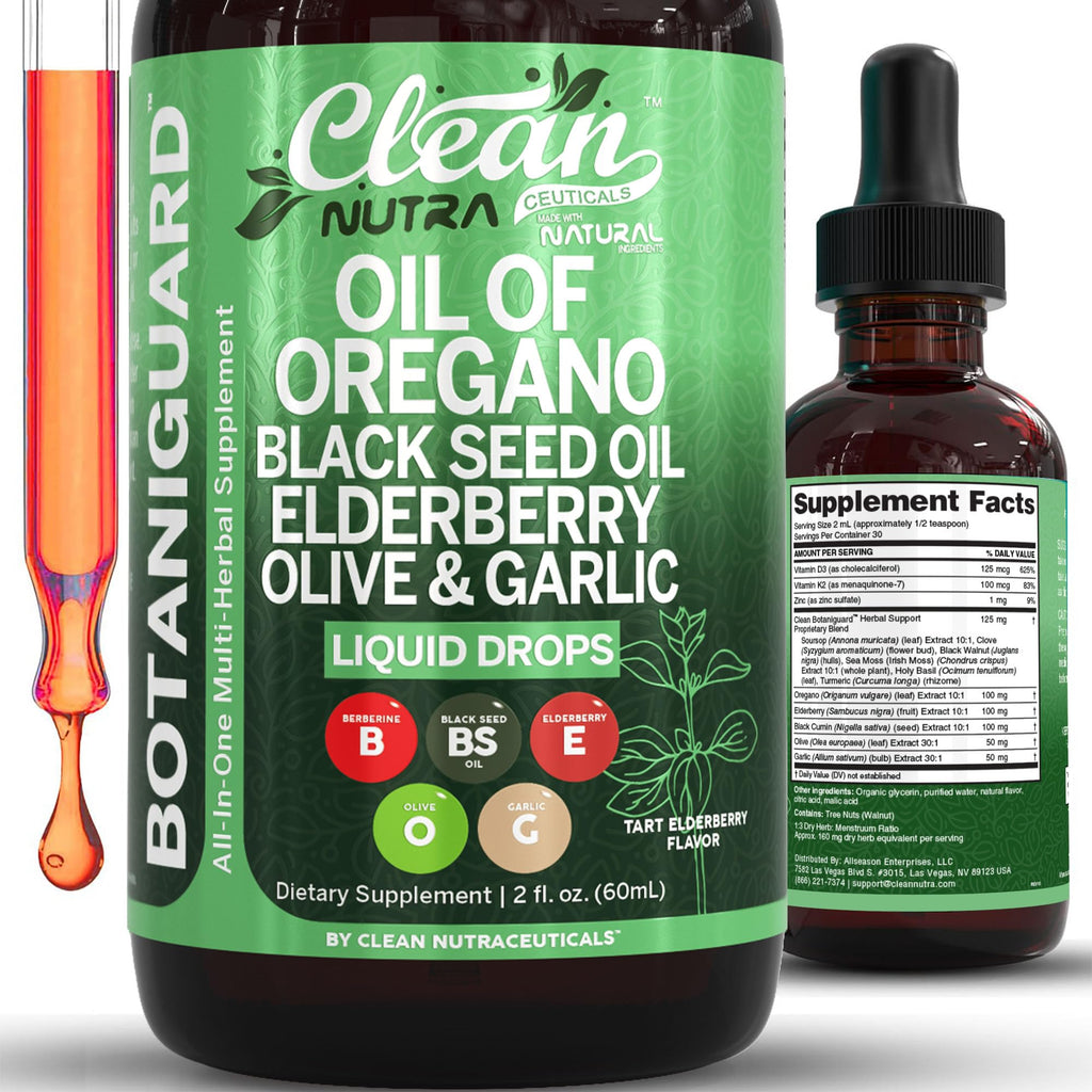 Clean Nutra Oil of Oregano Drops Black Seed Oil Elderberry Vitamin D D3 K2 Olive Garlic Immune Support Supplement Wellness Formula Zinc Supplements Liquid 2 Fl Oz BotaniGuard Vegan, Non-GMO