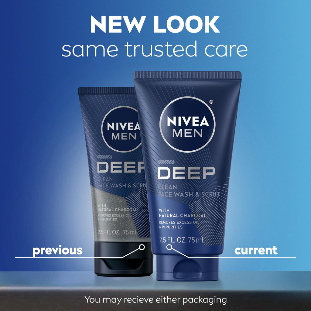 NIVEA MEN Deep Clean Face Wash and Scrub with Natural Charcoal, Exfoliating Face Wash for Men Removes Excess Oil, Dirt and Impurities, Beard Friendly Skin Care, 2.5 Fl Oz Tube, Pack of 3
