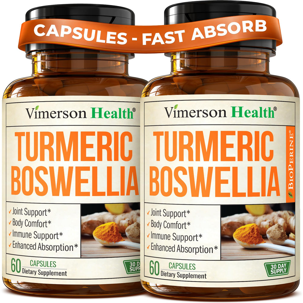 Turmeric Supplement w/Boswellia Serrata – Daily Support for Joint Health & Comfort – Organic Turmeric Curcumin Powder, Bioperine for Enhanced Absorption & Ginger – Boswellia Extract Capsules, 2 Pack