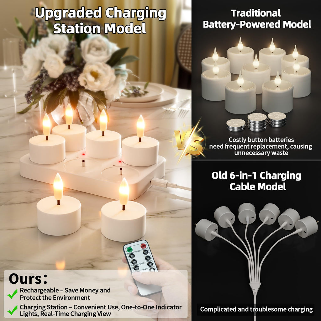 Rechargeable Flameless Tea Lights Candles with Charging Station Remote 6Pcs