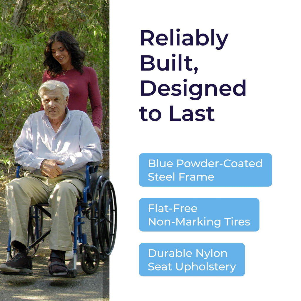 Drive Medical Blue Streak Lightweight Foldable Wheelchair - Enhanced Mobility Support - Durable Construction - Padded Comfort - Swing-Away Leg Rests - Desk Arms - Blue/Black - 18 Inch Seat
