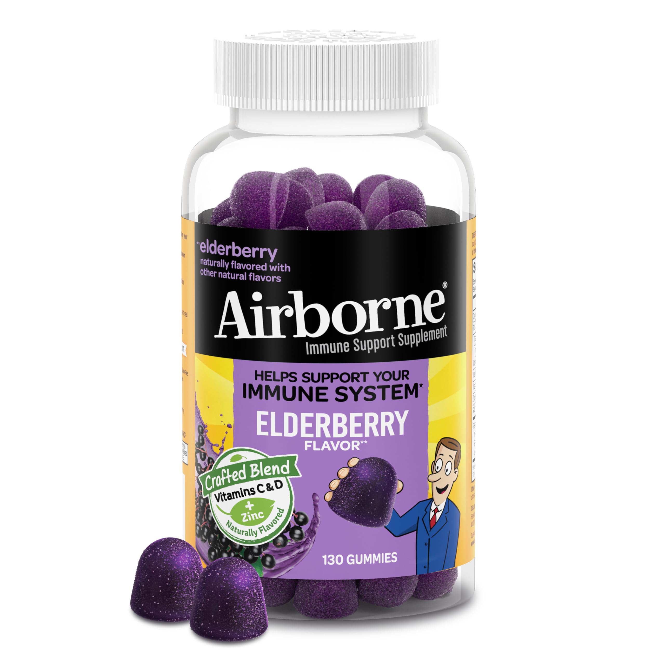 Airborne Elderberry + Zinc & Vitamin C Gummies for Adults, Immune Support with Antioxidants Vitamins C, D & E, 130 Count, Elderberry Flavor