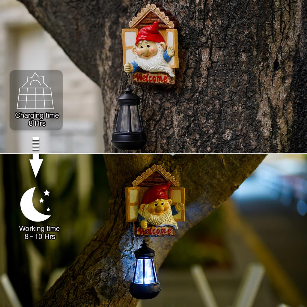 Goodeco Gnome Tree Hugger with Solar Lantern - Garden Gnome for Outside Decor,Tree Face Garden Statue,Gift idea 5.5x10.6 inch