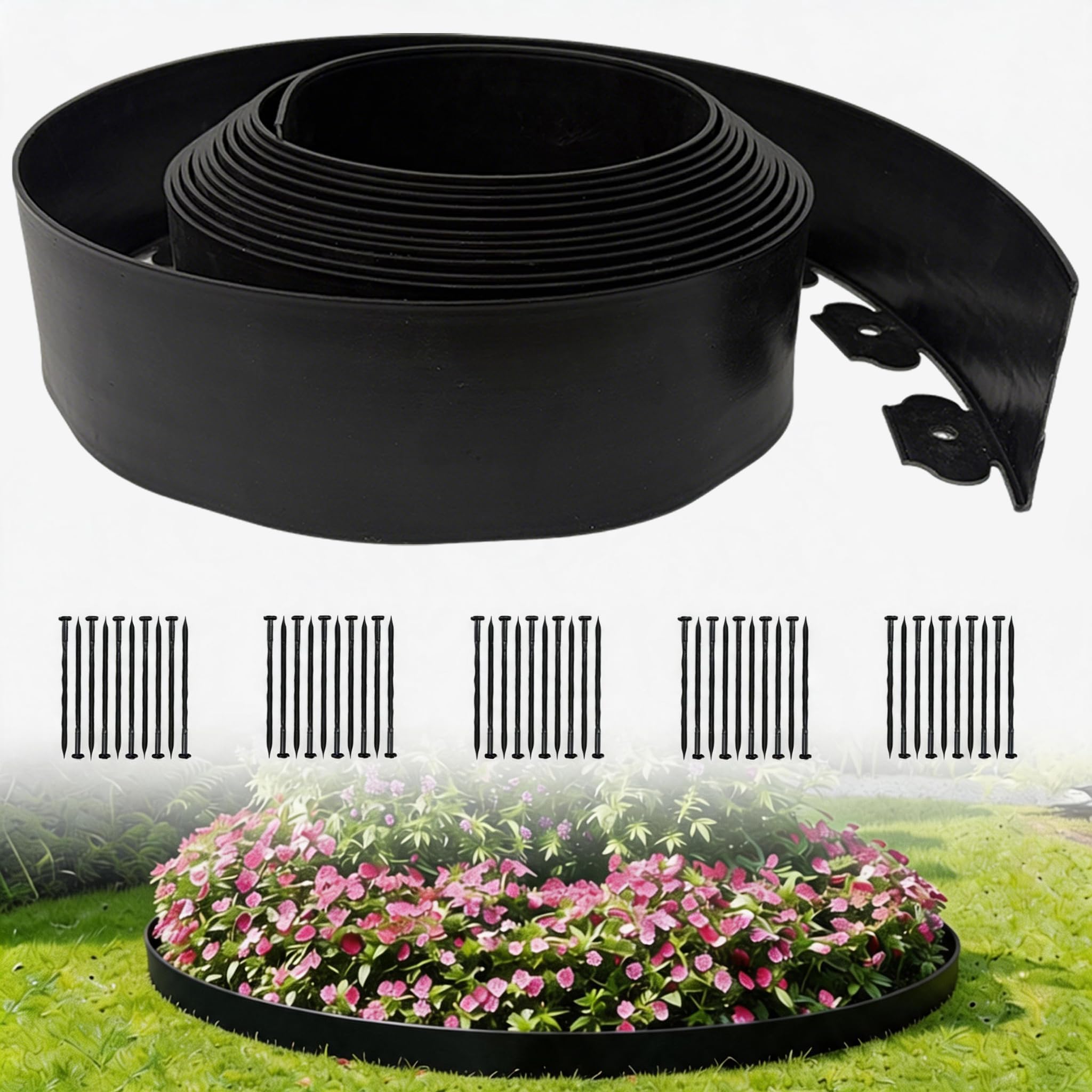 33FT Landscape Edging, 4 Inch Garden Edging Border with 50 Spikes, Flexible Lawn Edging for Trees, Landscape, Garden, Flower Beds, Lawn, Yard, Pathway, Paver Edge-Black