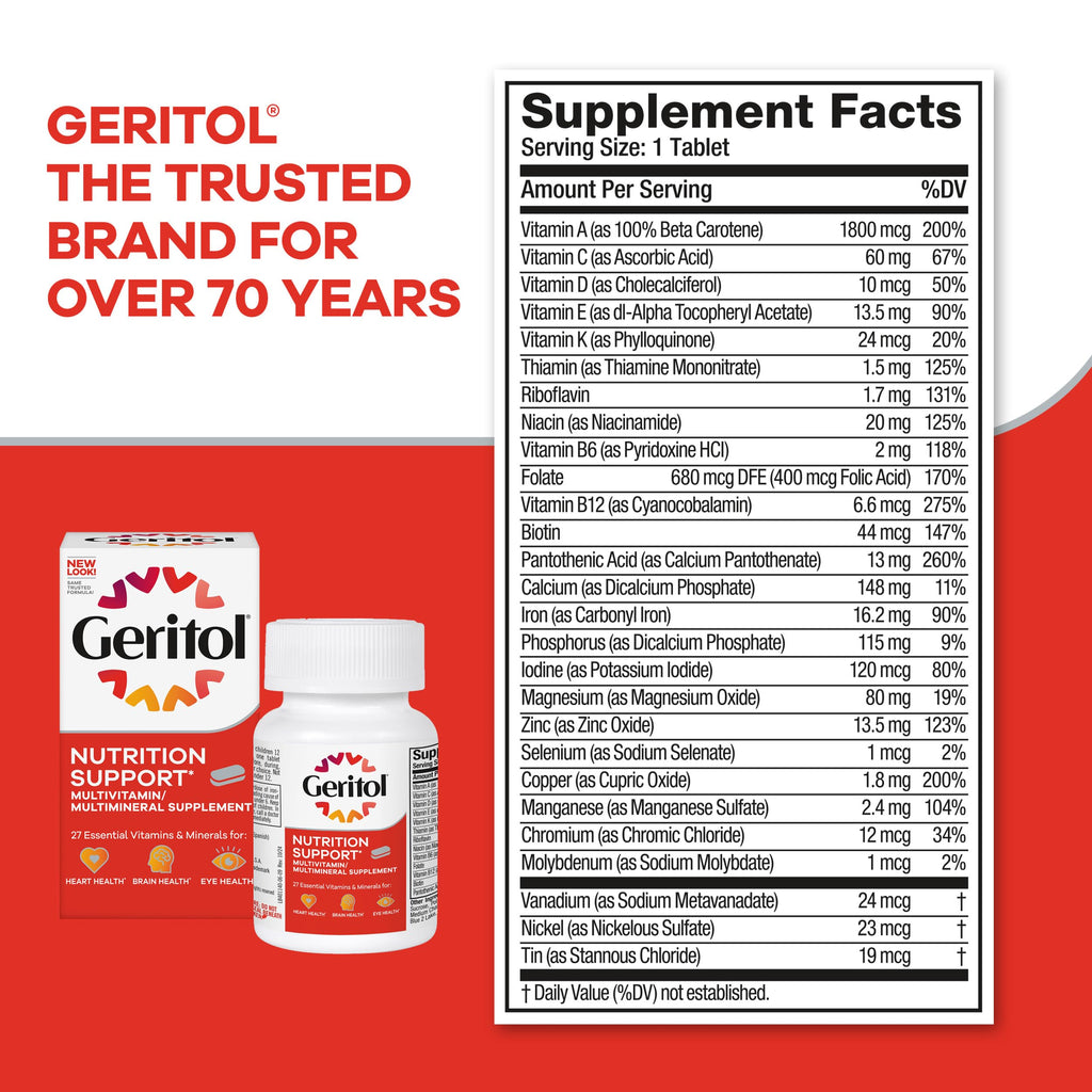 Geritol, Multivitamin Supplement, Contains B-Vitamins, Antioxidants, Vitamins C, E & D and Iron, 27 Essential Vitamins and Minerals, Gluten-Free, Non-GMO, No Artificial Sweeteners, 100 Tablets, 3 Pack
