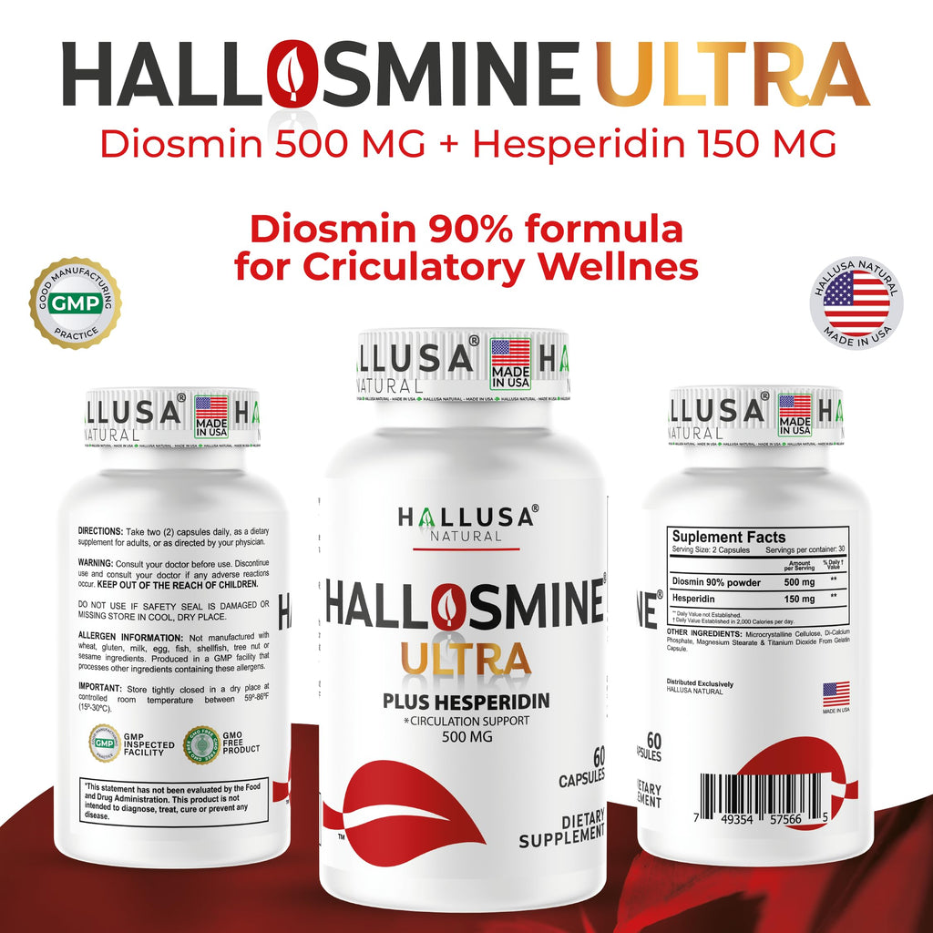 Hallusa Natural Hallosmine Ultra 650mg Diosmin Hesperidin + Bonus Leg Cream, High Potency Circulation & Vein Support Supplement, Varicose Veins, Spider Veins, Hemorrhoids, Blood Flow, 60 Capsules