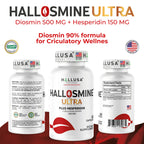 Hallusa Natural Hallosmine Ultra 650mg Diosmin Hesperidin + Bonus Leg Cream, High Potency Circulation & Vein Support Supplement, Varicose Veins, Spider Veins, Hemorrhoids, Blood Flow, 60 Capsules