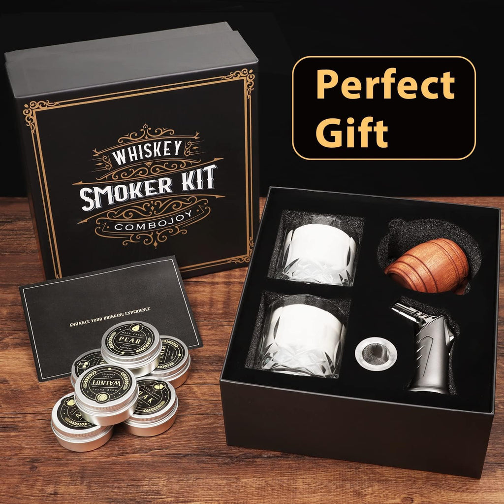 ComboJoy Whiskey Smoker Kit with Torch - 6 Flavors Wood Chips, 2 Glasses, 2 Ice Ball Molds - Cocktail Smoker Infuser Kit, Old Fashioned Drink Smoker Kit, Birthday Bourbon Gifts for Men,Dad(NO Butane)