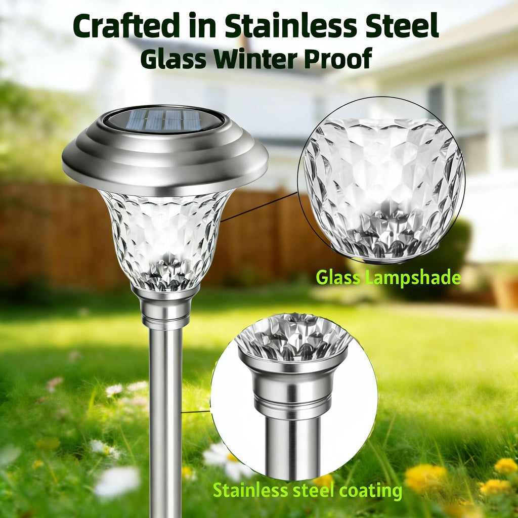 Beau Jardin 4 Pack Solar Pathway Lights White+ Color Changing Stainless Steel 3 Mode Outdoor Multicolor Metal Solar Powered Waterproof Glass for Garden Landscape Path Yard Walkway Driveway Silver
