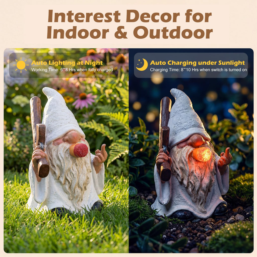 EXYGLO Solar Gnome Garden Statue Decor, 5.7" Middle Finger Gnome with Flickering Cigar Outdoor Funny Decoration for Lawn, Patio, Yard, and Unique Housewarming, Individual Birthday Ornament Gift