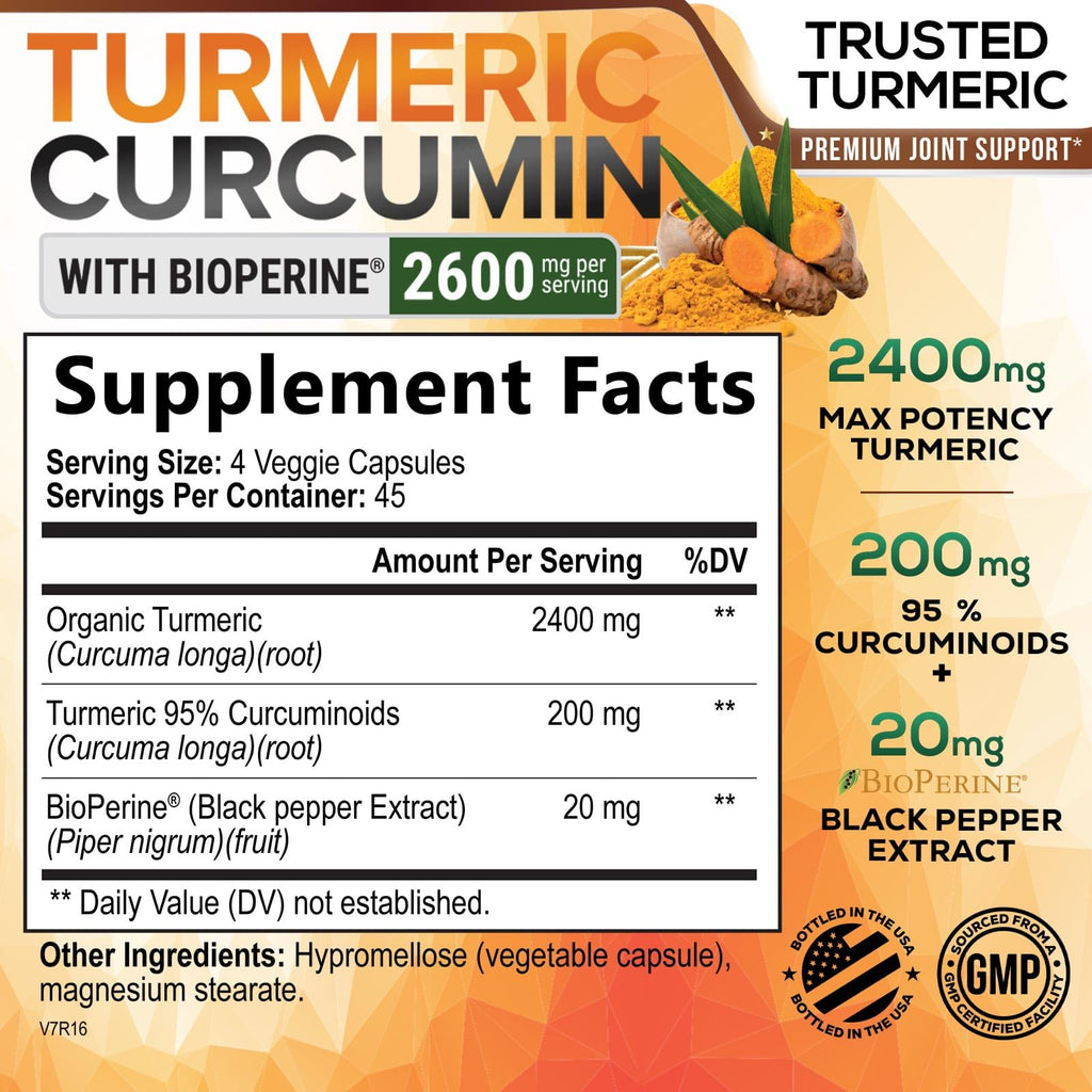 Turmeric Curcumin Supplement 2600mg - 95% Curcuminoids with Organic Turmeric & BioPerine Black Pepper Extract for Best Absorption, Natural Vegan Joint Support, Non-GMO, Bottled in USA - 180 Capsules