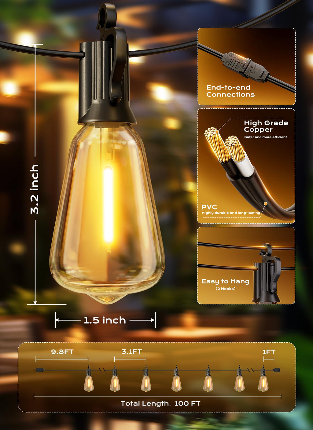 Brightown Outdoor String Lights Patio Lights 100FT ST38 Waterproof Dimmable