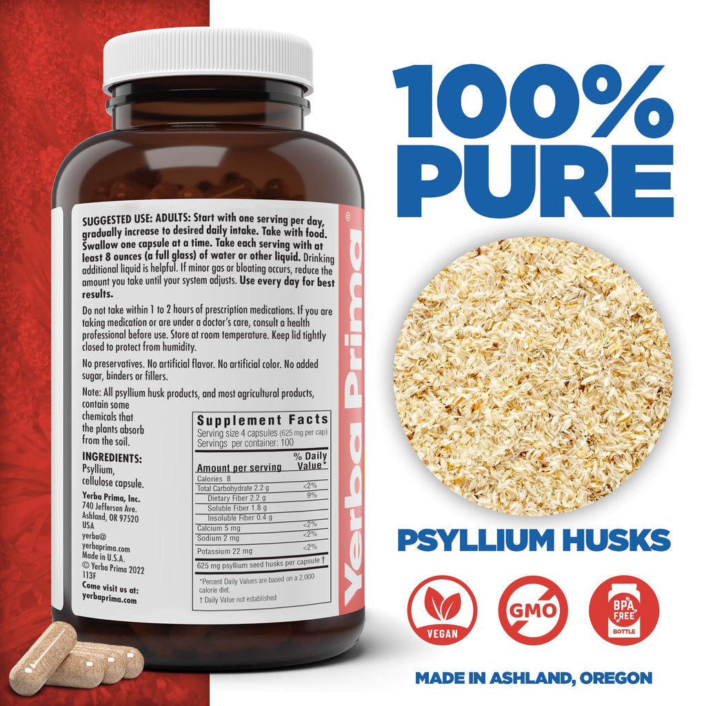 Yerba Prima Psyllium Husks Veg Caps, 400 Capsules (625mg) (Pack of 2) - Vegan, Non-GMO, Gluten Free, Colon Cleanser, Daily Fiber Supplement for Gut Health & Regularity
