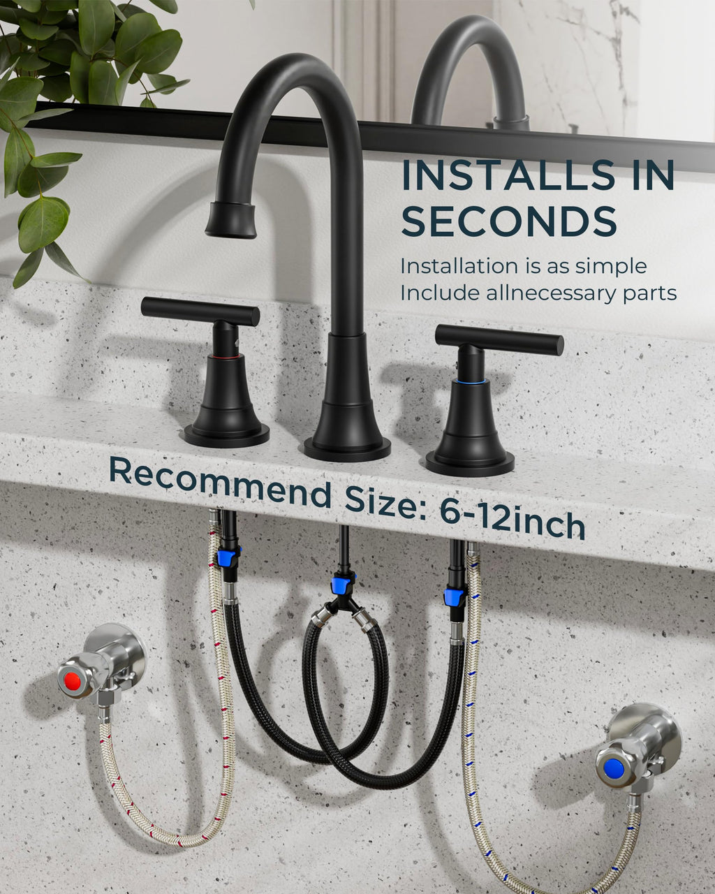 FORIOUS Black Bathroom Faucet 3 Hole Vanity, 2 Handle 360° Swivel Matte Black 8 Inch Widespread Bathroom Sink Faucet 3 Holes, with 360 Degree Rotating Spout, Pop-up Drain, Supply Lines