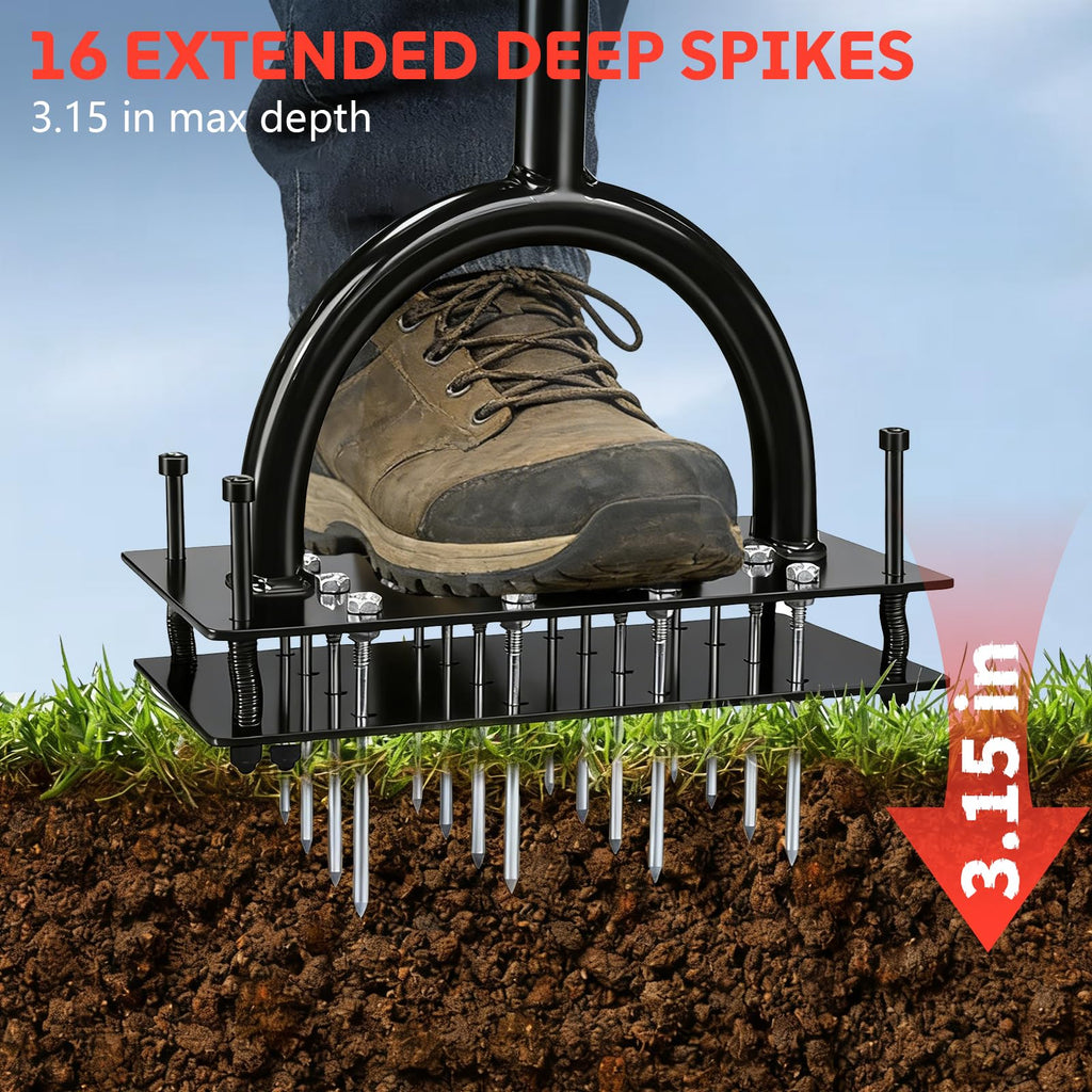 Lawn Aerator Tool, 16 Iron Spikes Manual Grass Aerator Lawn Tool with Spring-Loaded Design & Adjustable T-Handle, Automatic Leaf and Dirt Cleaning Yard Aerator for Loosening Soil Aerating Patio Garden