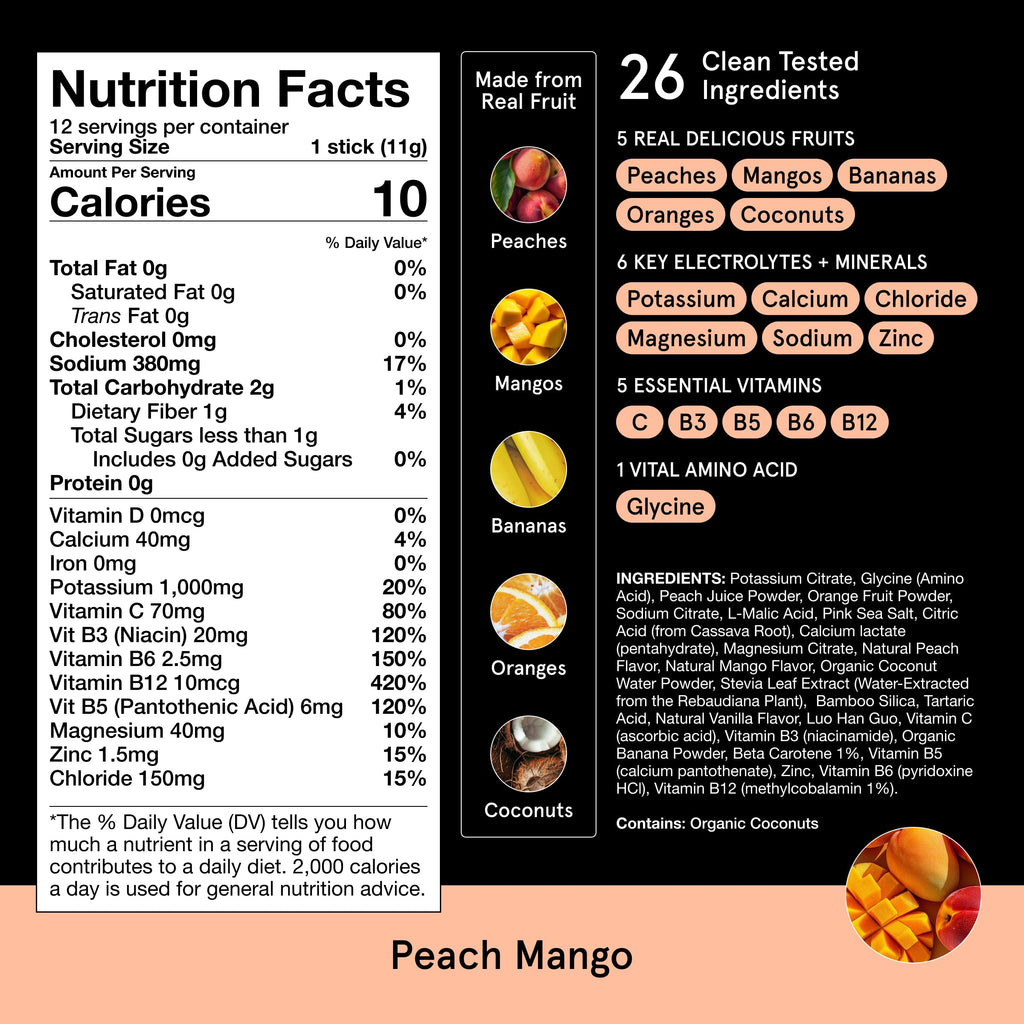 DryWater® Electrolyte + Vitamin Hydration Powder Packets – Peach Mango, 1,000mg Potassium, Real Organic Fruit, NSF Certified for Sport, Nothing Artificial, No Added Sugar (12 Stick Packs)