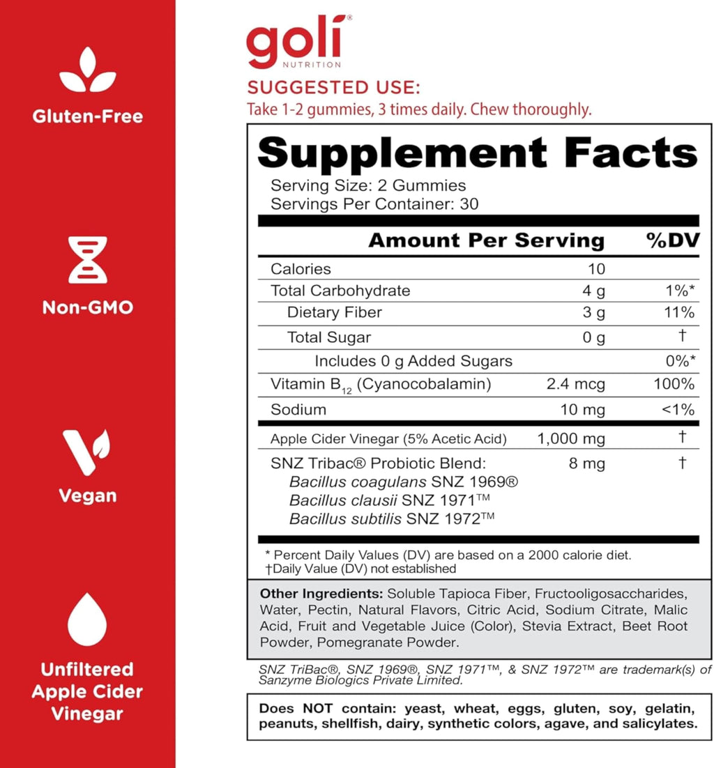 Goli Zero Sugar Apple Cider Vinegar Gummies - ACV with Vitamin B12 and Probiotics - No Sugar Alcohols - Vegan, Keto-Friendly, Gluten-Free