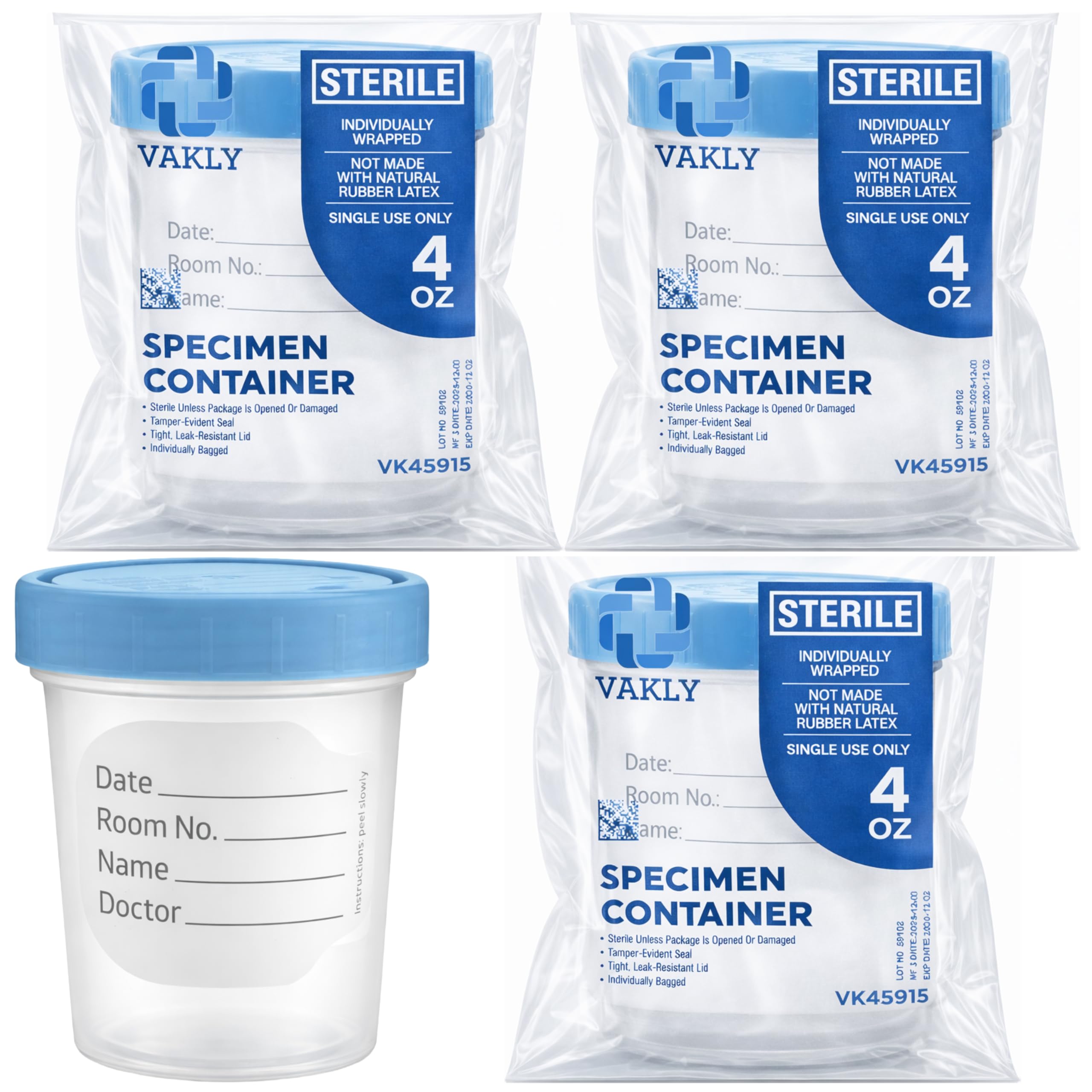 Sterile Specimen Cups with Lids 4oz Clear Urine Collection Cup with Leak Proof Screw On Covers - Individually Bagged 3 inch Specimens Jars – for Safe Pee, Stool, Semen Sample Testing (600)