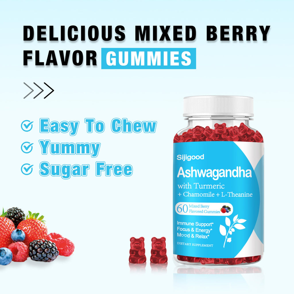 Sijigood 2 Pack Ashwagandha Gummies with L-theanine, Ashwa Root Supplement Gummy for Women Men, 120 Mixed Berry Flavored Gummies