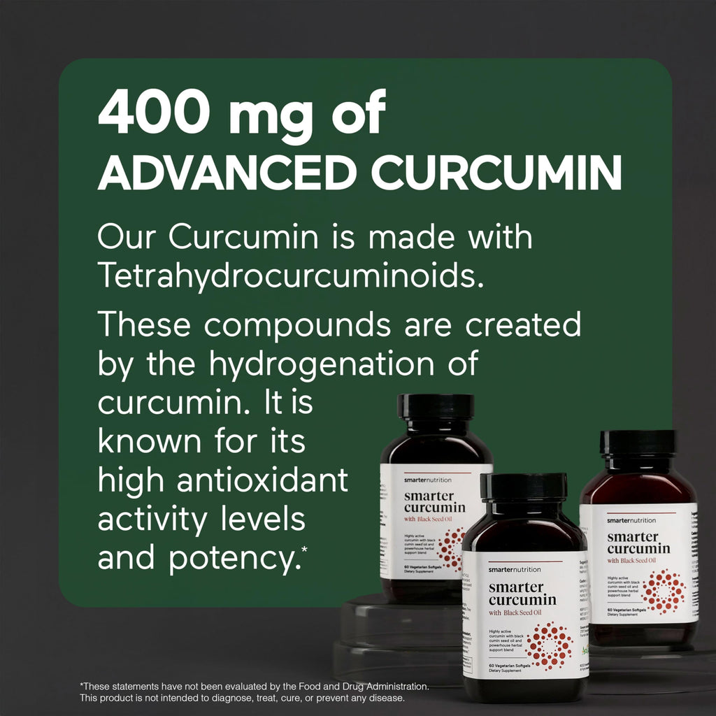 SMARTERNUTRITION Curcumin Softgels - Vegan High Absorption 400 mg Turmeric Supplement + Black Seed Oil & Ginger - 95% Tetrahydrocurcuminoids Non-GMO, USA Manufactured - 60 Ct[30 Servings]