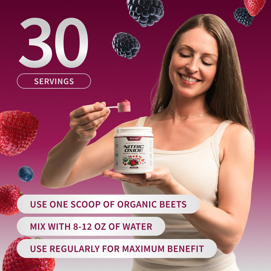 Snap Supplements USDA Organic Beet Root Powder Nitric Oxide Supplements for Men & Women with Pomegranate & Red Spinach, Supports Healthy Blood Flow & Caffeine-Free Energy, Mixed Berry, 30 Servings