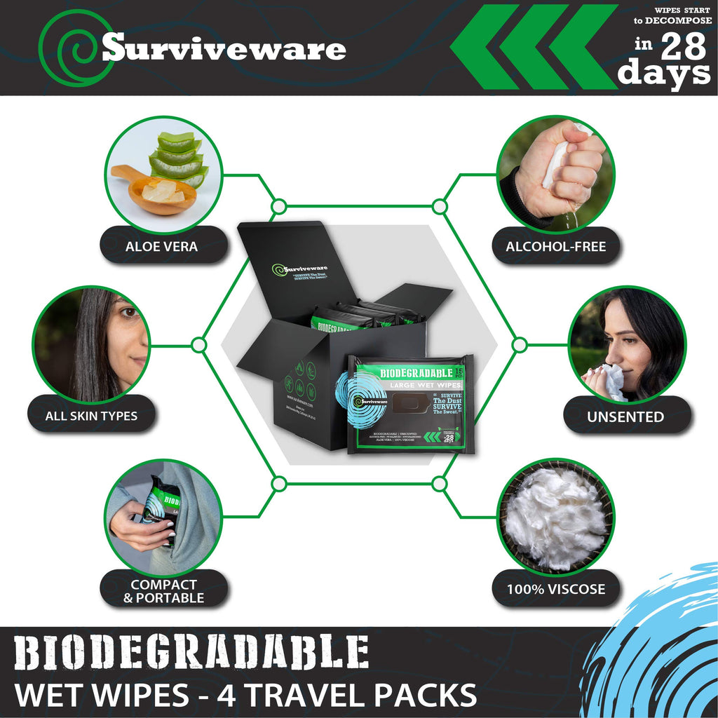 Surviveware Biodegradable Wipes Men or Women - Shower Wet Wipes Face, Body & Butt - Outdoors, Travel, Camping & Post Workout - Total of 60 Wipes - 15 Count, Pack of 4