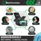 Surviveware Biodegradable Wipes Men or Women - Shower Wet Wipes Face, Body & Butt - Outdoors, Travel, Camping & Post Workout - Total of 60 Wipes - 15 Count, Pack of 4